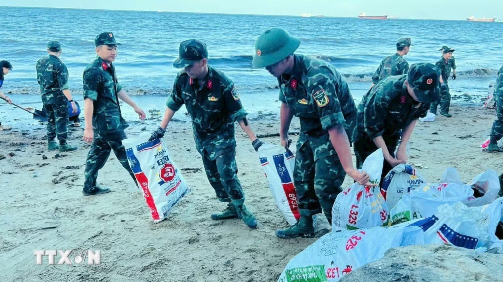 Các lực lượng tham gia nhặt rác tại các bãi tắm của Thành phố Hồ Chí Minh (Ảnh: TTXVN phát)