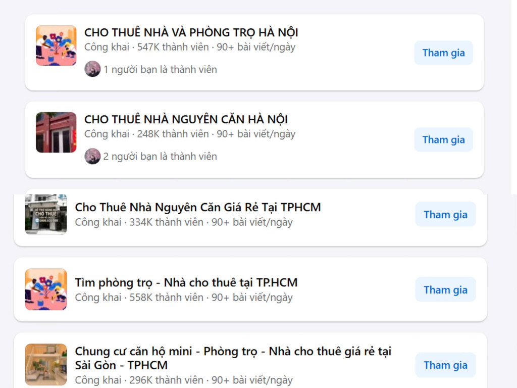 Hội nhóm cho thuê nhà trên Facebook với lượng thành viên lớn phản ánh nhu cầu thuê nhà ngày càng tăng. (Ảnh: Chụp màn hình) 