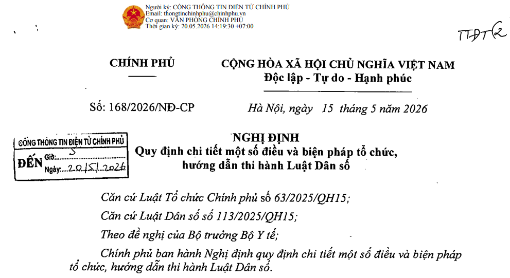 Nghị định số 168/2026/NĐ-CP: Quy định một số điều và biện pháp tổ chức, hướng dẫn thi hành Luật Dân Số. (Ảnh chụp màn hình)
