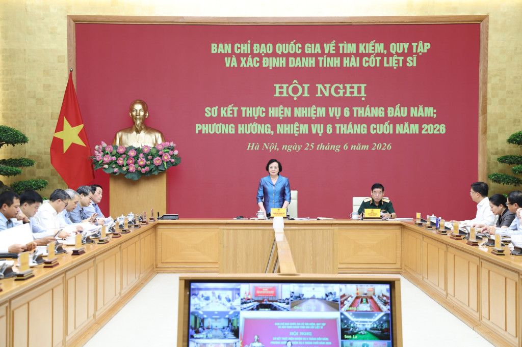 Hội nghị sơ kết 6 tháng đầu năm và triển khai nhiệm vụ 6 tháng cuối năm 2026 của Ban Chỉ đạo quốc gia về tìm kiếm, quy tập và xác định danh tính hài cốt liệt sĩ (Ảnh: VGP/Thu Giang)