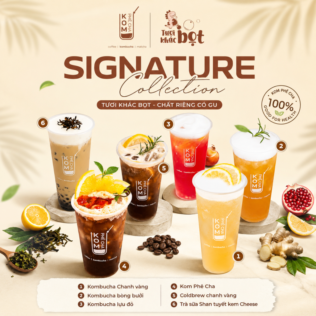 Bộ sưu tập đồ uống đặc trưng của Kom Phê Cha cho thấy cách thương hiệu linh hoạt kết hợp giá trị sức khỏe của Kombucha với những xu hướng đồ uống đương đại, góp phần đưa thức uống healthy đến gần hơn với người tiêu dùng trẻ.