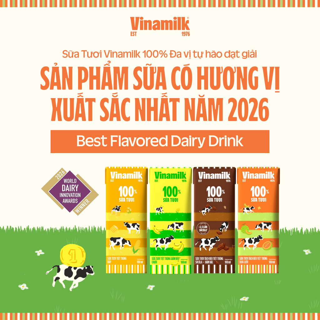 Sữa tươi Vinamilk 100% đa vị được vinh danh tại World Dairy Innovation Awards 2026 với hạng mục Sản phẩm sữa có hương vị xuất sắc nhất (Ảnh: VN).