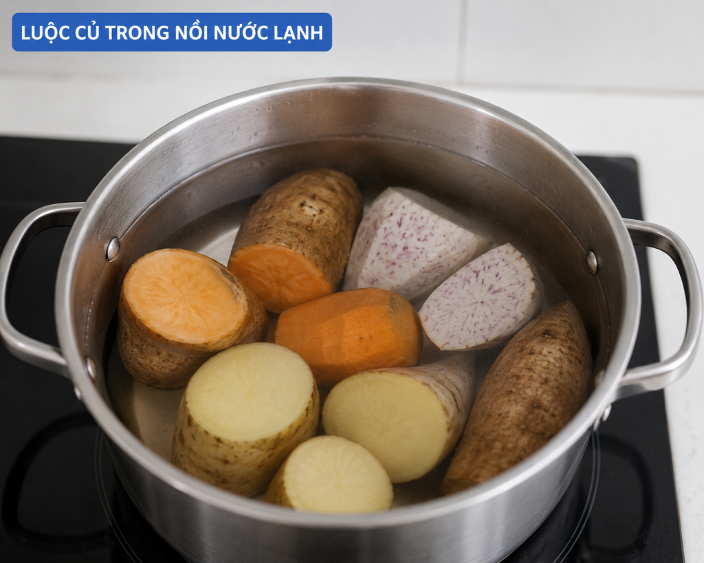 Luộc trong nước lạnh rồi đun sôi từ từ đối với các loại củ giàu tinh bột (Ảnh: Sưu tầm)