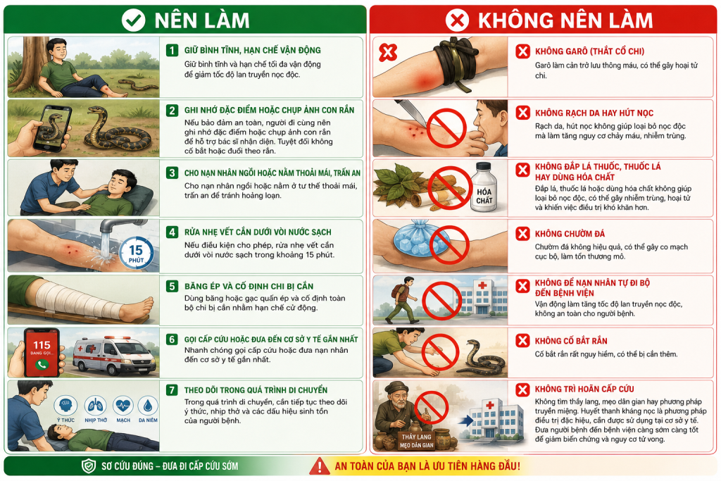 Nên và không nên khi sơ cứu rắn cắn (Ảnh: AI)