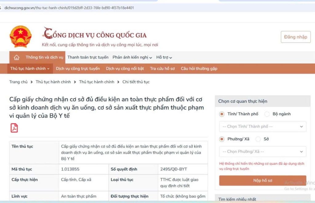 Cá nhân, tổ chức có nhu cầu cấp giấy chứng nhận cơ sở đủ điều kiện ATTP có thể nộp trên Cổng Dịch vụ công Quốc gia hoặc tại Trung tâm Phục vụ hành chính công cấp xã (Ảnh: PV)