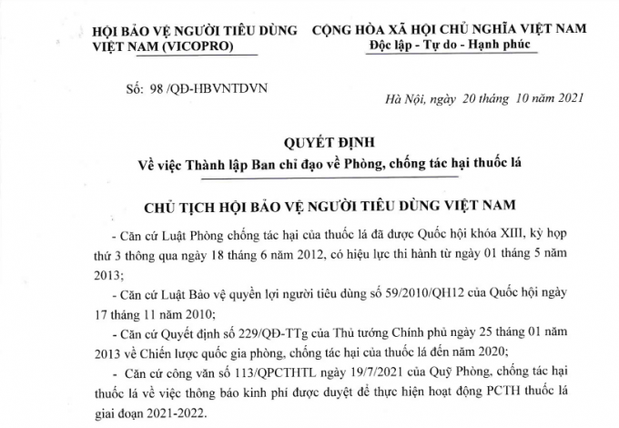 Hội Bảo vệ người tiêu dùng Việt Nam thành lập Ban Chỉ đạo về Phòng, chống tác hại thuốc lá