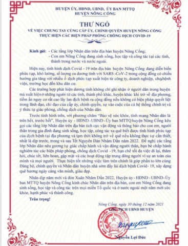 Thanh Hóa: Huyện Nông Cống gửi thư ngỏ yêu cầu người dân không về quê ăn Tết