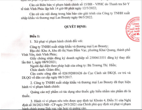 Chỉ xử phạt vi phạm quảng cáo: Thanh tra Sở y tế tỉnh Vĩnh Phúc có đang ‘nương tay’ cho Công ty TNHH Xuất nhập khẩu và thương mại Lasbeauty