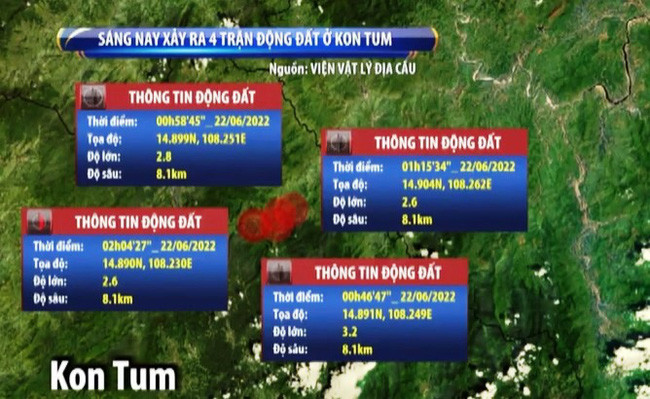 Kon Tum xảy ra 4 trận động đất trong ngày 22/6