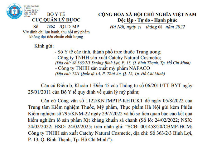 Thu hồi toàn quốc lô Xịt kháng khuẩn sả chanh không đảm bảo chất lượng