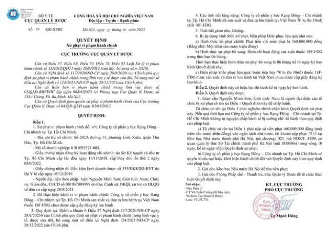 Công ty cổ phần y học Rạng Đông – Chi nhánh tại TP. HCM bị xử phạt 160 triệu đồng
