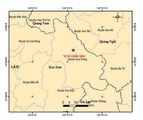 Kon Tum xảy ra trận động đất  có độ lớn 3.3 độ vào rạng sáng hôm nay ngày 15/6