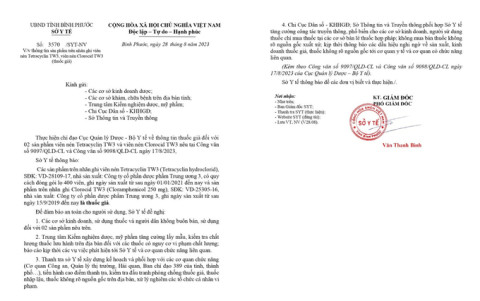 Sở Y tế tỉnh Bình Phước ban hành văn bản cảnh báo thuốc giả mang nhãn viên nén Tetracyclin TW3 và Clorocid TW3