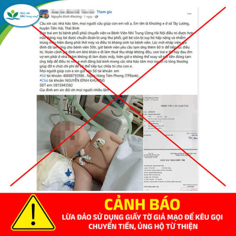 Bệnh viện Nhi Trung ương cảnh báo lừa đảo sử dụng giấy tờ giả mạo để kêu gọi chuyển tiền, ủng hộ từ thiện
