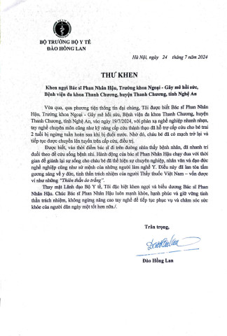 Bộ trưởng Bộ Y tế Đào Hồng Lan gửi thư khen ngợi BS. Phan Nhân Hậu "đuổi theo xe" cứu cháu bé ngừng tuần hoàn do đuối nước