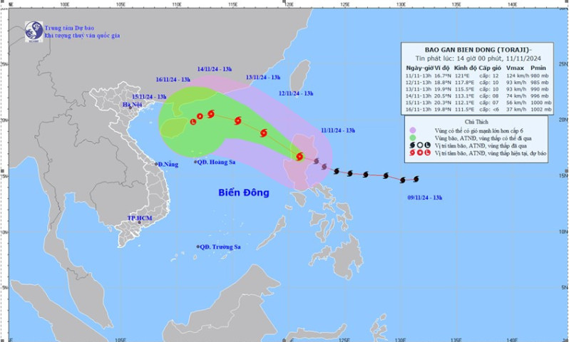 Cập nhật tình hình cơn bão TORAJI tính đến 13h chiều ngày 11/11