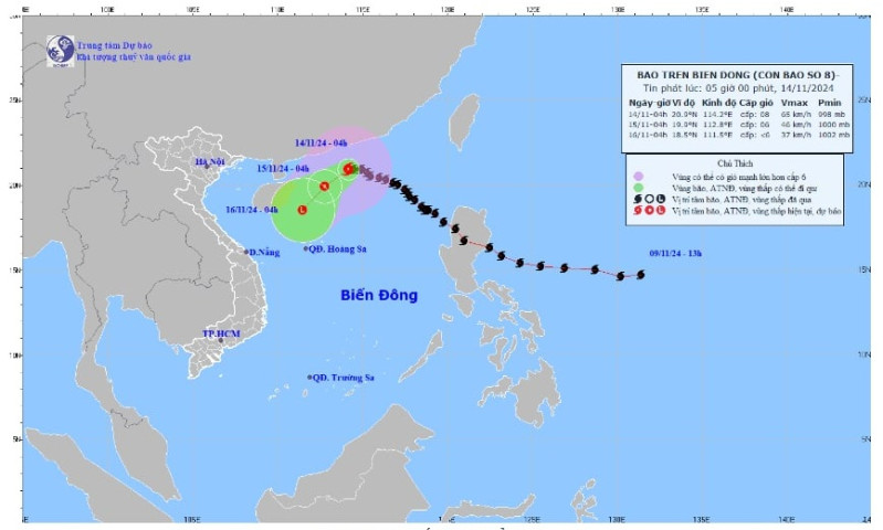 Cơn bão số 8 trên biển Đông đang di chuyển theo hướng Tây, tốc độ khoảng 10km/h