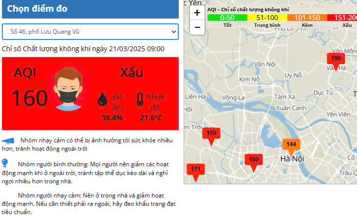 Hà Nội: Chất lượng không khí ngày 21/3 cảnh báo có nhiều khu vực bị ô nhiễm