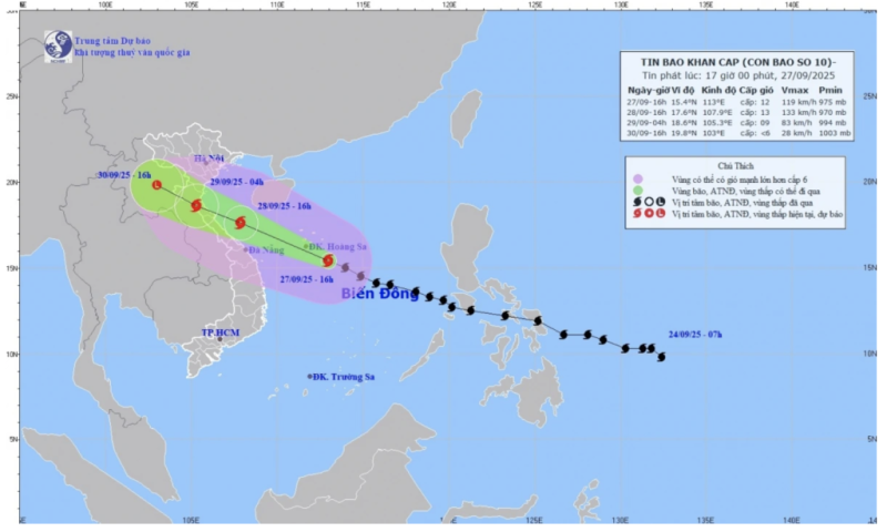 Bão số 10 (Bualoi) tiếp tục di chuyển nhanh, cách đặc khu Hoàng Sa khoảng 170km