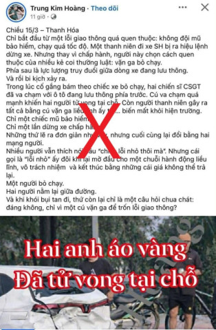 Bác bỏ thông tin sai sự thật về việc hai CSGT “nằm lại đường” tại Thanh Hóa
